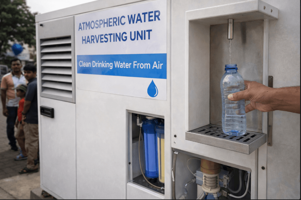 real atmospheric water harvesting unit producing drinking water