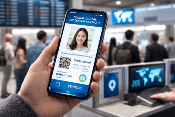 Person holding smartphone showing Global Digital Citizenship Passport at airport security checkpoint