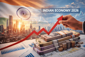Indian economy growth 2026 concept showing rupee currency bundles, rising stock market graph, and India flag with city skyline