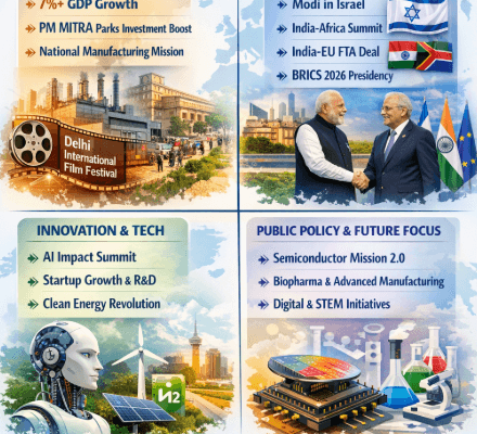 Infographic showing India 2026 trends including GDP growth, PM MITRA parks, AI innovation, diplomacy with Israel and EU, BRICS presidency, semiconductor mission, and clean energy initiatives.
