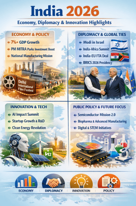 Infographic showing India 2026 trends including GDP growth, PM MITRA parks, AI innovation, diplomacy with Israel and EU, BRICS presidency, semiconductor mission, and clean energy initiatives.