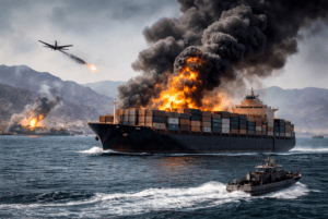 Container ship on fire in the Red Sea after a missile and drone attack, with naval patrol boats responding during the 2026 maritime shipping crisis.