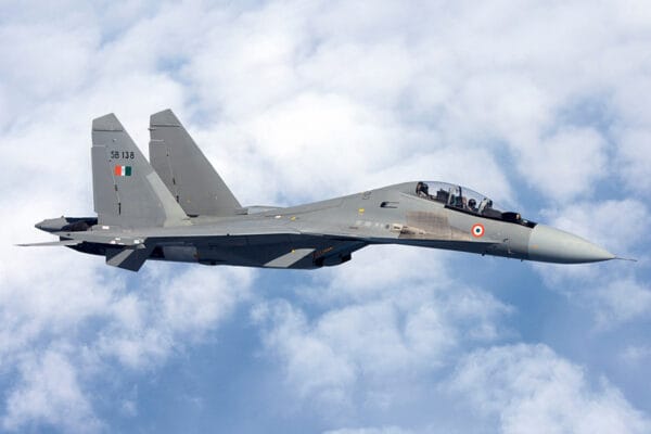 Indian Air Force Sukhoi Su-30MKI fighter jet flying in the sky
