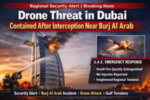 Security forces responding to a drone threat in Abu Dhabi skyline at night