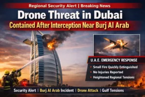 Security forces responding to a drone threat in Abu Dhabi skyline at night