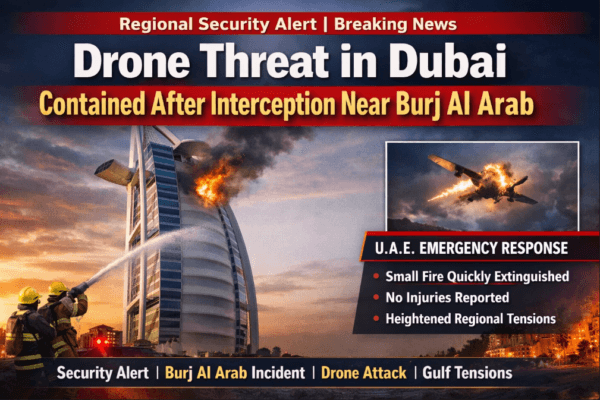 Security forces responding to a drone threat in Abu Dhabi skyline at night