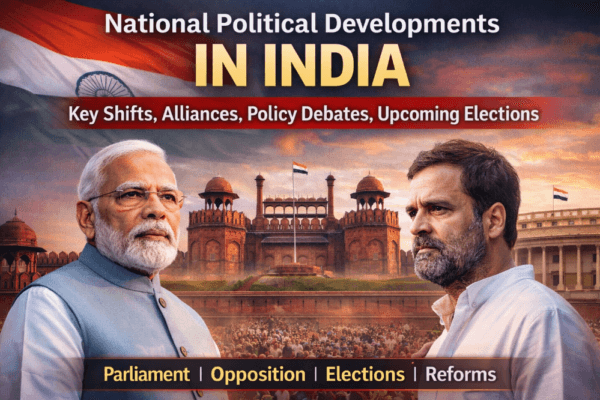 Narendra Modi and Rahul Gandhi with Indian Parliament backdrop representing national political developments in India