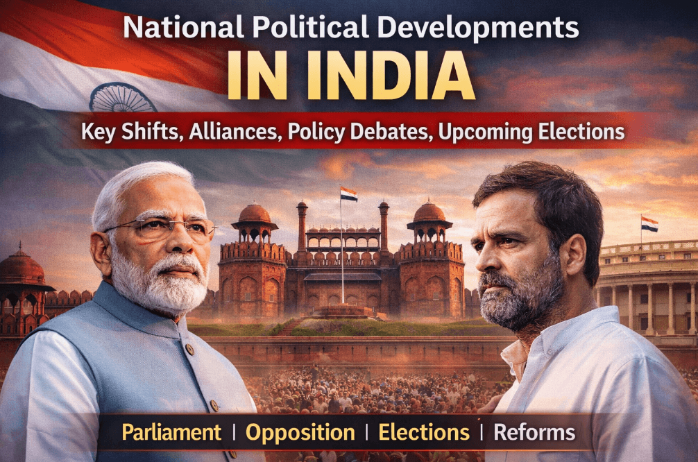 Narendra Modi and Rahul Gandhi with Indian Parliament backdrop representing national political developments in India