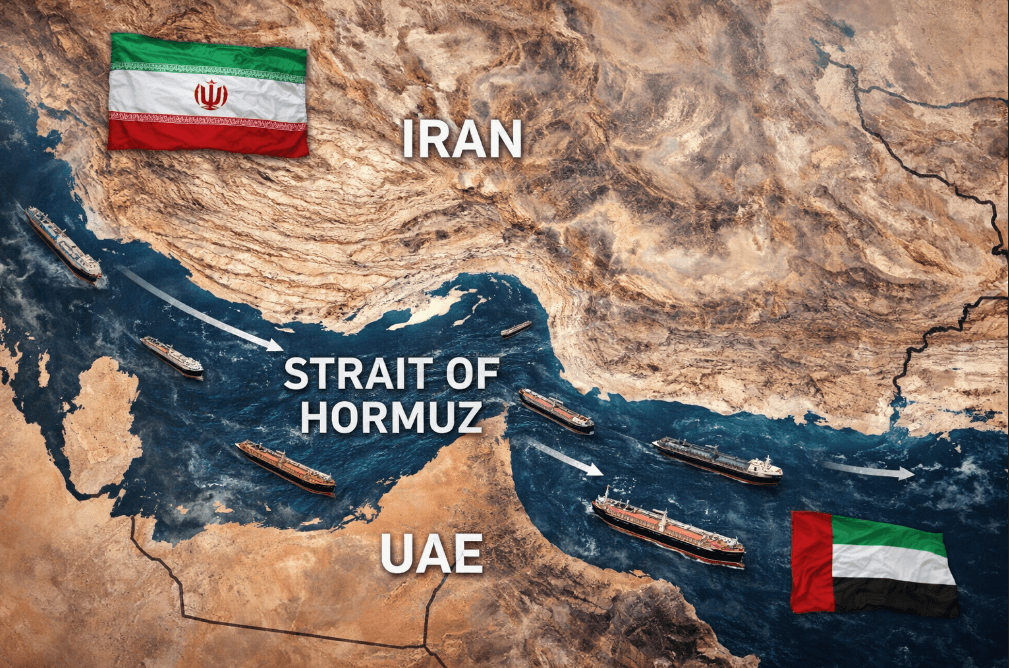 Satellite view of the Strait of Hormuz showing oil tankers navigating between Iran and the UAE
