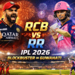 RCB vs RR IPL 2026 match poster with Virat Kohli and Rajasthan Royals player in Guwahati stadium with fireworks
