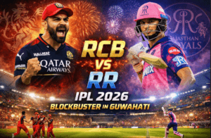 RCB vs RR IPL 2026 match poster with Virat Kohli and Rajasthan Royals player in Guwahati stadium with fireworks