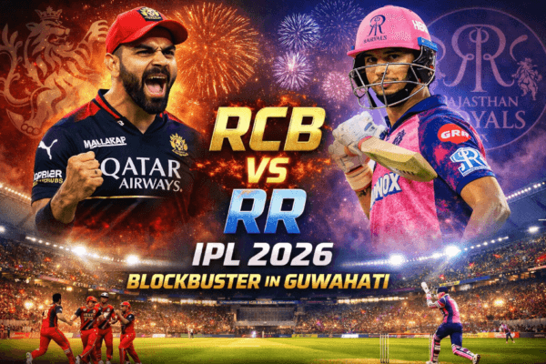 RCB vs RR IPL 2026 match poster with Virat Kohli and Rajasthan Royals player in Guwahati stadium with fireworks