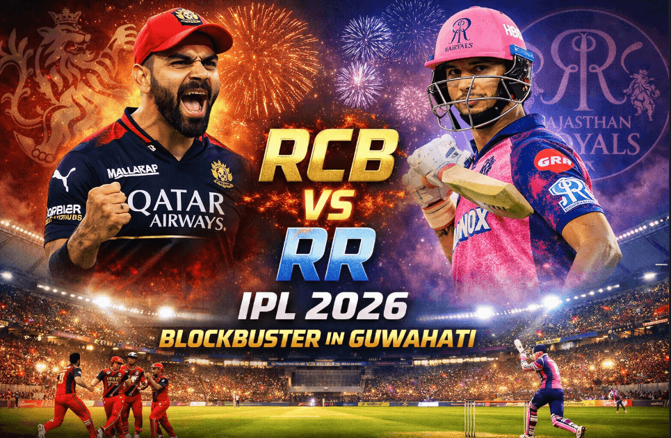 RCB vs RR IPL 2026 match poster with Virat Kohli and Rajasthan Royals player in Guwahati stadium with fireworks