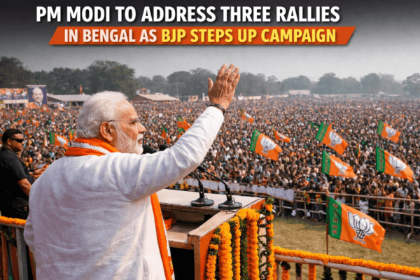 Prime Minister Narendra Modi speaking at a huge BJP rally in West Bengal, waving to a large crowd with party flags during election campaign.