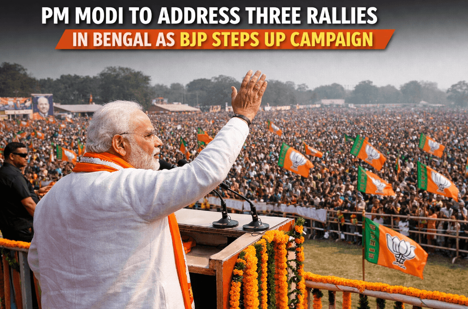 Prime Minister Narendra Modi speaking at a huge BJP rally in West Bengal, waving to a large crowd with party flags during election campaign.